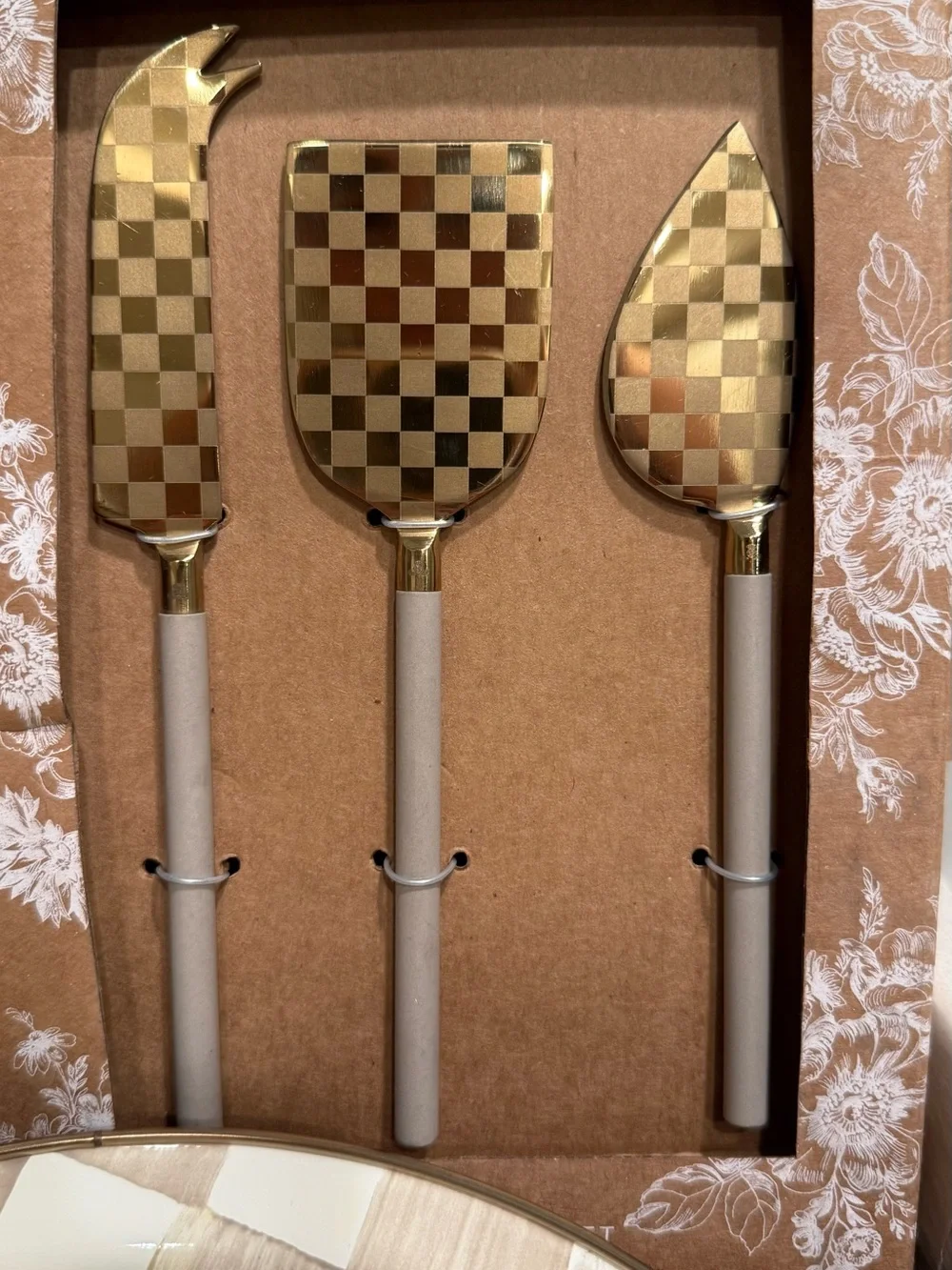 MacKenzie-Childs Mocha Check Serveware with Gold Accents